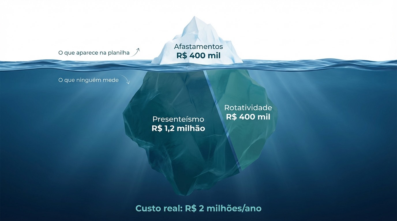 Infográfico em formato de iceberg mostrando os custos de saúde mental: acima da linha d'água, afastamentos (R$ 400 mil); abaixo, presenteísmo (R$ 1,2 milhão) e rotatividade (R$ 400 mil). Custo real: R$ 2 milhões por ano