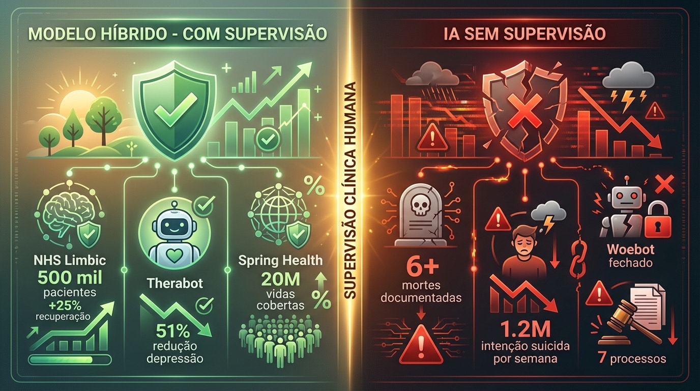 Infográfico comparativo: do lado esquerdo (modelo híbrido com supervisão), os casos de sucesso: NHS Limbic com 500 mil pacientes e +25% recuperação, Therabot com 51% de redução em depressão, Spring Health cobrindo 20 milhões de vidas. Do lado direito (IA sem supervisão), as tragédias: 6+ mortes documentadas, 1,2 milhão expressando intenção suicida por semana no ChatGPT, Woebot fechado com 1,5 milhão de usuários, 7 processos contra OpenAI. A linha divisória central: supervisão clínica humana.
